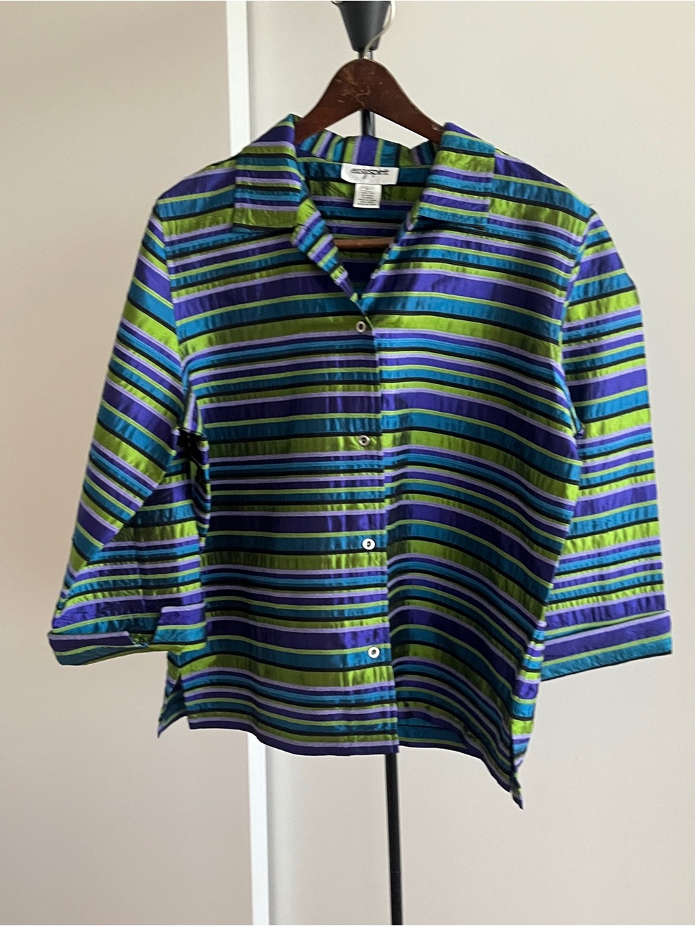 Easy Spirit Jacket Blazer Blouse 100% Silk Purple Blue & Green Striped Collar L